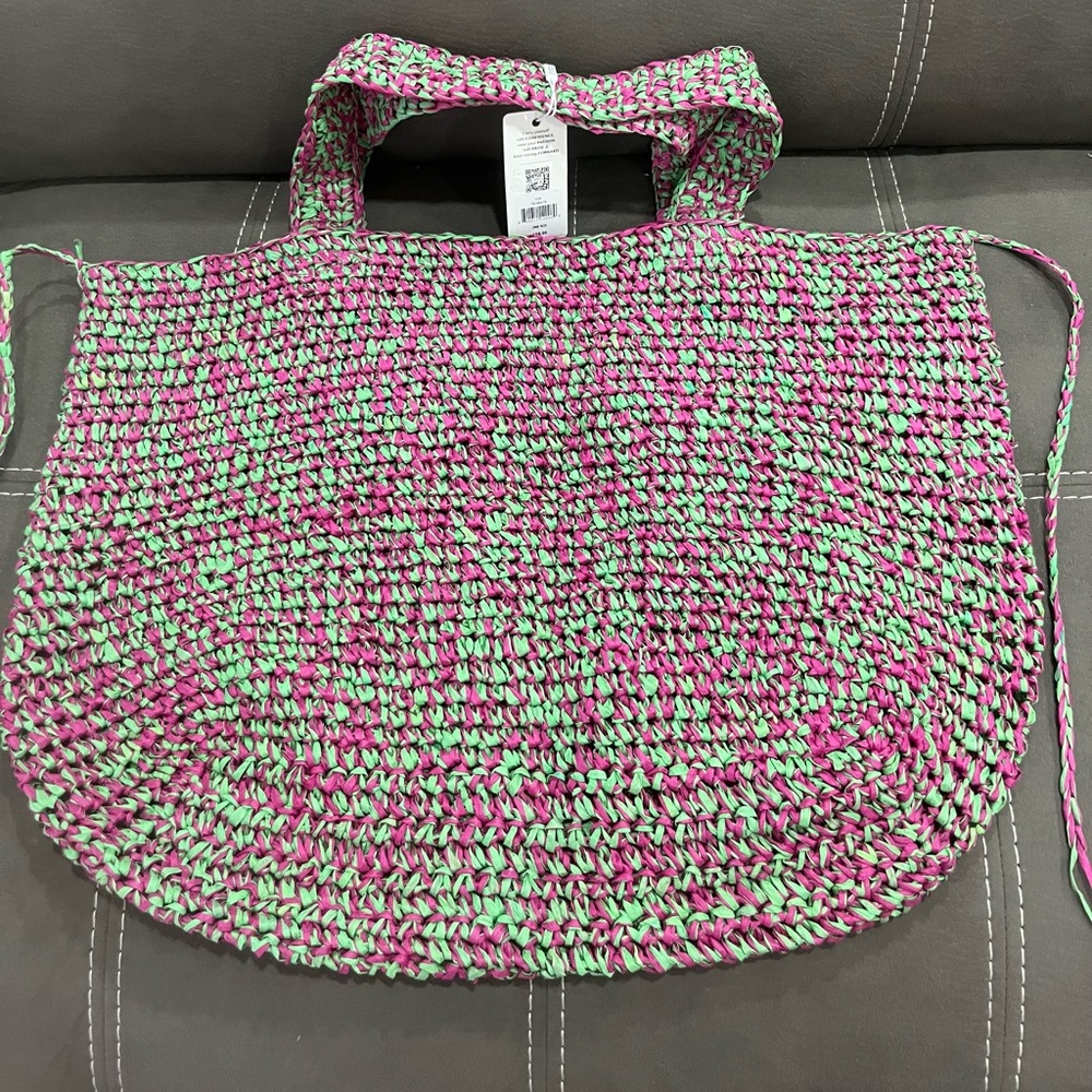 Urban Expressions Pink and Green Woven Tote - Picture 8 of 8